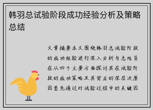 韩羽总试验阶段成功经验分析及策略总结 韩羽总试验阶段成功经验分析及策略总结