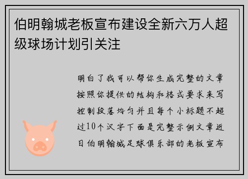 伯明翰城老板宣布建设全新六万人超级球场计划引关注